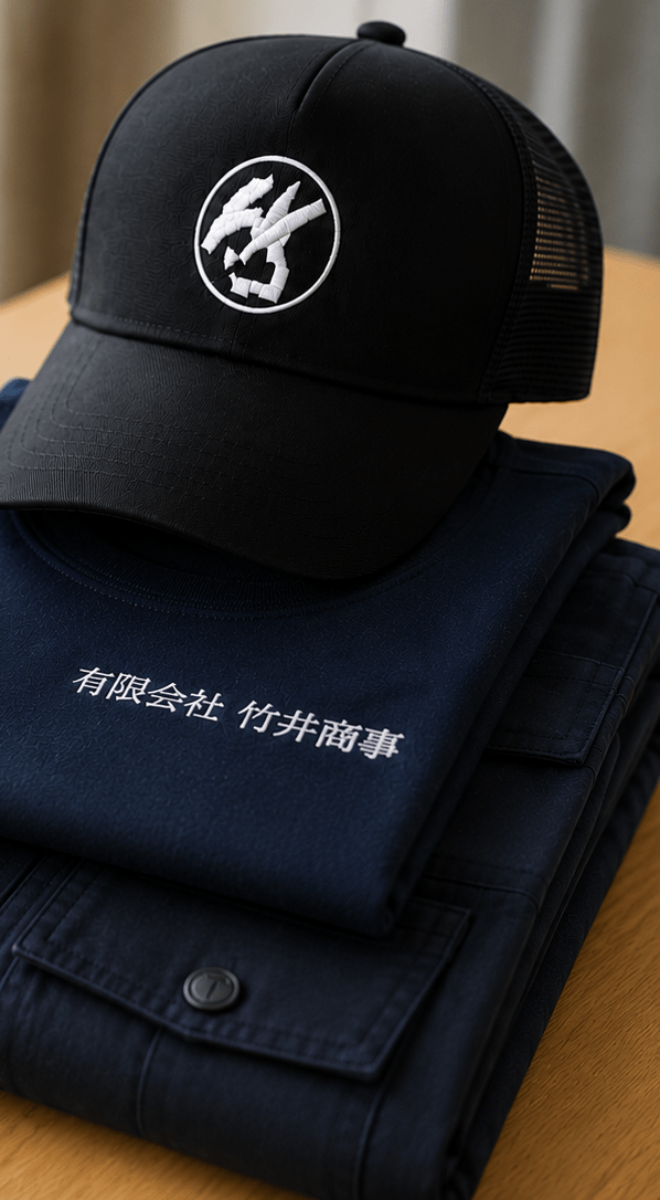 有限会社竹井商事が新しく用意した制服一式（ロゴ入りキャップ・社名刺繍入りTシャツ・作業ズボン）